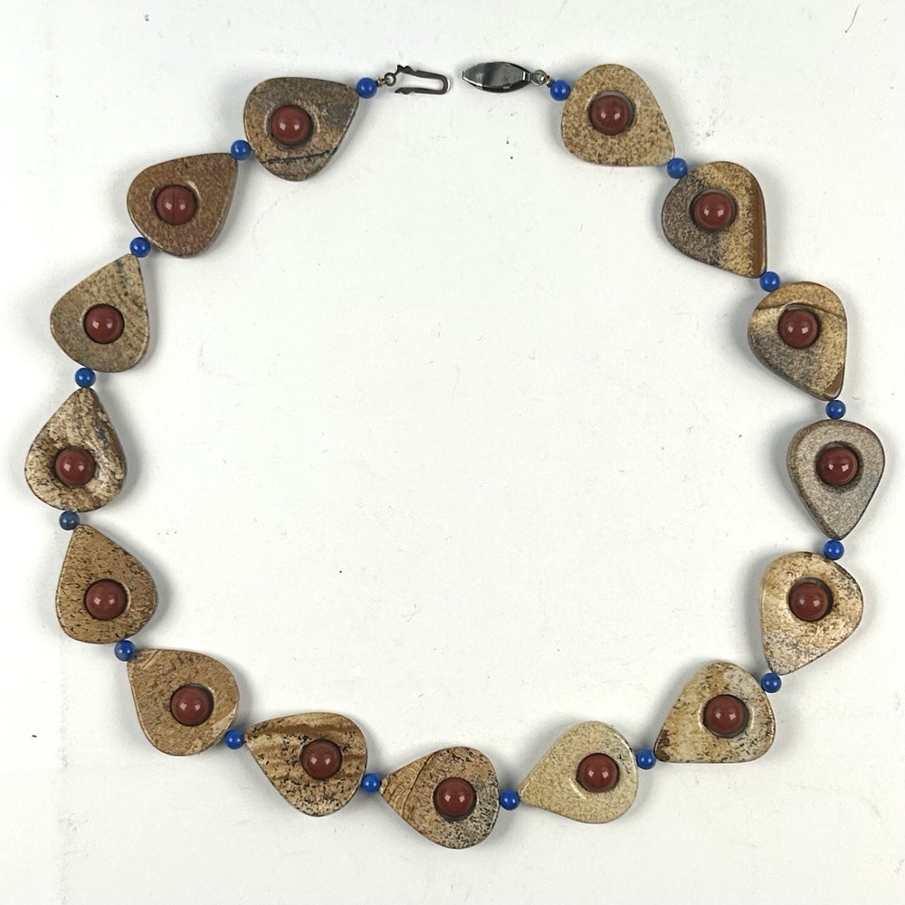 Picture Jasper Necklace Red Jasper Center Beads Blue Spacers 18" Statement